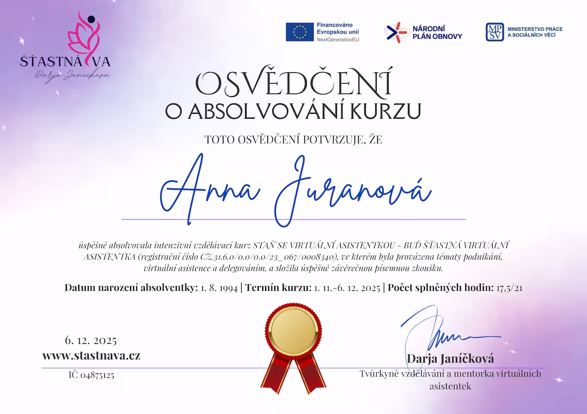 Osvědčení – Kurz Šťastná VA